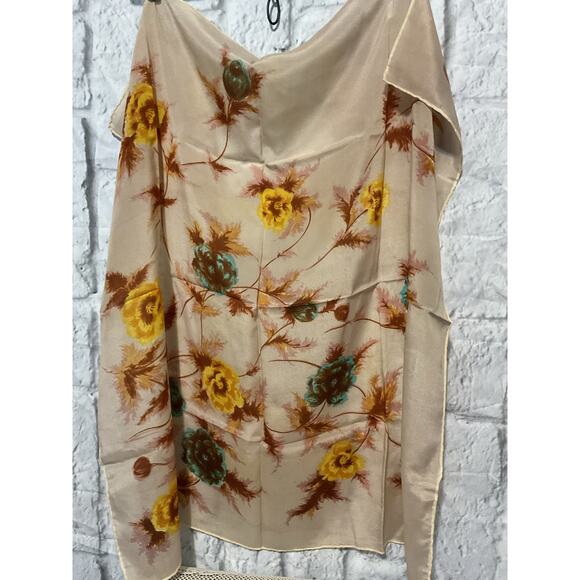 Vintage Polyester Scarf Tan Brown Teal Floral - Picture 3 of 9